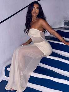 女士时尚优雅性感抹胸网纱拼接透视连衣裙，夏季白色 - 白色 - 查看 6