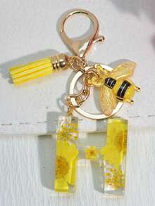 1 件首字母钥匙扣，带粉色可爱雏菊干花，女孩/女士包包吊坠装饰，带流苏配饰背包，适合学校汽车配饰哥特 Y2k - 黃色 - 查看 13