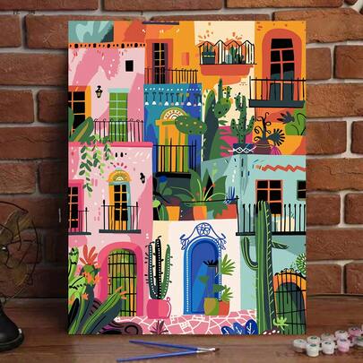 1 Set Kit de pintura al óleo digital "Cactus Town" DIY, Set de pintura artística para decoración de dormitorio y pared, método de pintura sencillo y divertido, sin necesidad de base de pintura, cumple tu sueño de ser pintor, sumérgete en el mundo colorido, cada pincelada es una auto-expresión, agrega romanticismo a la vida, mejor regalo para familiares y amigos, 40*50CM
