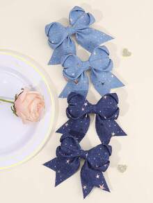 2/4 件蓝色牛仔蝴蝶结女童金色星星图案牛仔蝴蝶结发夹优雅蓝色发夹带尾巴夏季装发夹头饰儿童婴儿发饰