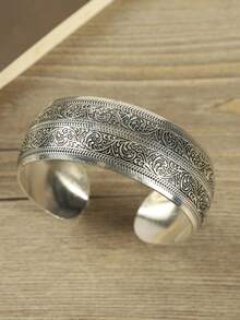 Vòng tay bản rộng bạc cổ điển phong cách Boho, thiết kế hoa văn chạm khắc dành cho nữ, trang sức thời trang đa năng phong cách Bohemian retro. - Màu Bạc Cổ - Xem 5