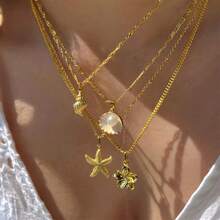 3-In-1 Shell, Starfish & Pearl Necklace Set (), Alloy + Copper Plated Iron Chain, Gold Color - Yellow Gold - View 4
