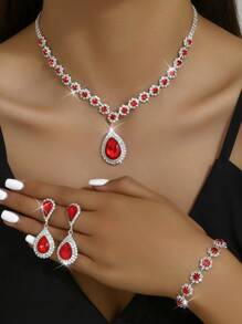 4pcs Bride Jewelry Set: Necklace, Earrings, Bracelet, Fully Rhinestone Waterdrop Floral Design For Women Evening Dress