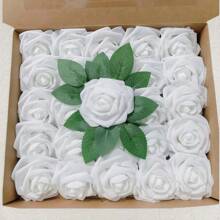 26 Piezas de rosas blancas artificiales con hojas verdes - Ideal para bodas, Día de San Valentín, Día de la Madre, Acción de Gracias y decoraciones de fiesta, decoración de boda | Arreglos florales elegantes | Rosas de plástico, flores de boda artificiales