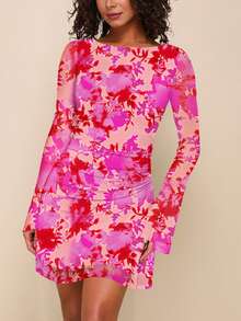 Women' Tie Dye Print Ruched Mini Slim Dress Mesh Long Sleeve Club Party Cocktail Dresses , Fall Winter Clothes Dress Streetwear Going Out - 粉色 - 查看 3