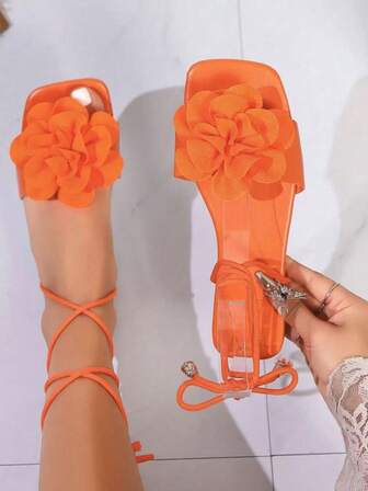 Women's Round Toe Flat Sandals, Fashion Tie-Up Sexy Floral Decor Comfortable Beach Slip-On, Versatile For Vacation