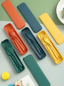 4pcs Portable Plastic Cutlery Set With Utensils (Knife, Fork, Spoon, Chopsticks) And 1 Storage Box, Suitable For Outdoor, Camping, Picnic, Work, School,School Supplies - Multicolor - View 3