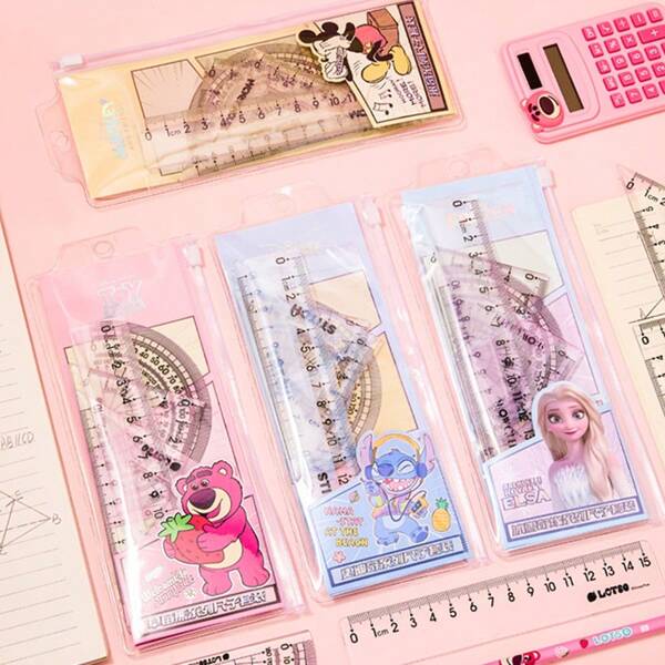 Disney 4pcs Disney Ruler Set, Includes Plastic Ruler And Triangle Ruler, Suitable For Elementary & Middle School
