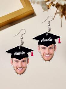 1pc Personalized Face + Name Photo Earrings With Graduation Cap - Custom Acrylic Photo Dangly Jewelry Gift For Graduates, Funny Graduation Party