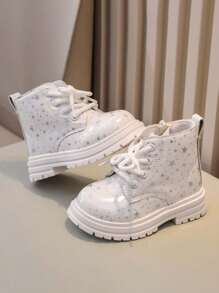 1 Paar unisex weiche, rutschfeste Stiefel, vielseitig modische Kinder-Knöchelstiefel mit Seitlichem Reißverschluss, glänzend lederene wasserfeste römische Schnürstiefel für Babys, geeignet für Frühling, Herbst und Winter