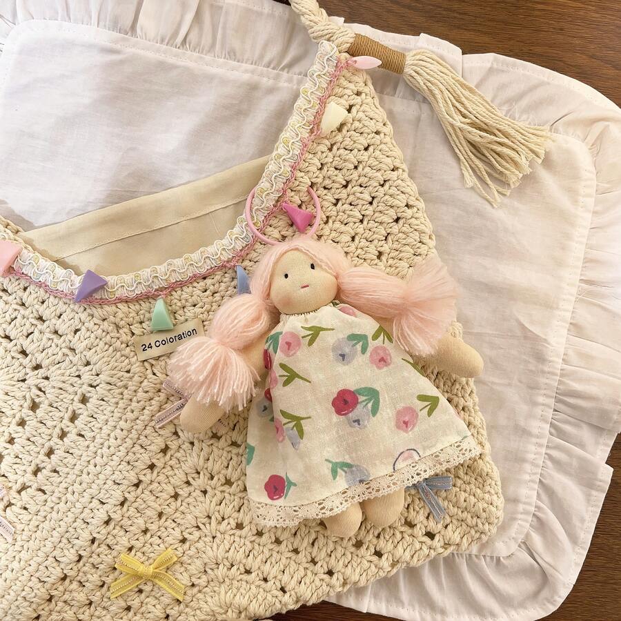 1 件花卉钩针钥匙扣 - 编织流苏钥匙扣，配柔和花朵和可爱娃娃吊饰 - 手工织物配饰，适用于女士包袋、钱包和钥匙 - 情人节礼物，美学装饰