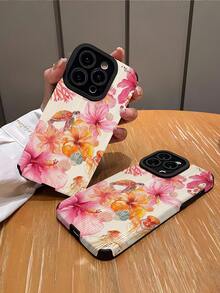 1 pièce Étui de protection pour téléphone en faux doux avec motif de rayures verticales, tortue de mer orange, fleurs et petits coquillages bleus. Compatible avec Apple [16/16 PLUS/16 PRO/16 PROMAX] - Multicolore - Voir 2