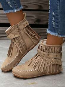 Fall/Winter Fringe Boots For Women Round Toe Flat Loafers New Autumn Side Zipper Plush Casual Boots - Beige - View 4
