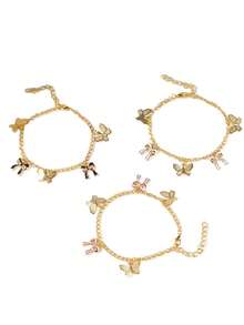 3pcs Cute & Minimalist Design Colorful Butterfly And Bow Pendant Children Bracelet Set - Gold - View 4