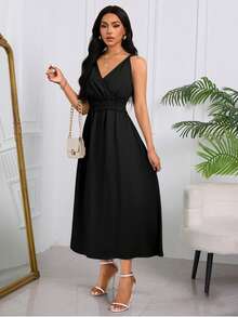 Vestido Largo Liso Para Mujer, Vestido Escote Profundo en V,Vestido Con Tirantes Y Nudo Torcido, Vestido Diseño De Panel De Encaje Con Cintura Elástica - Negro - Ver 3