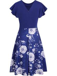 Women's Semi-Formal Ruffle Sleeve V-Back Work Fit And Flare Cocktail Knee Length Dress With Pockets, 2025 Style - 皇家花卉 - 查看 4