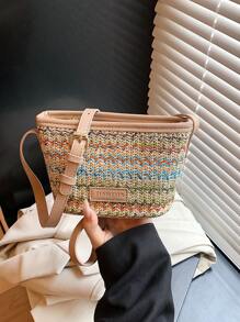 Bolso de cubo de estilo callejero y vacacional tejido de colores, bolso versátil para el hombro para mujeres