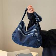 Women's Large Denim Crossbody Tote Bag - Adjustable Shoulder Strap, Multiple Zipper Compartments And Wrist Strap, Lightweight And Durable Canvas Wallet, Suitable For Casual Retro Daily Use, Shopping, Work - Xanh đậm - Xem 3
