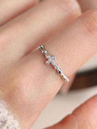 1 pieza Anillo ajustable abierto con diseño de nicho de lujo minimalista de cruz con micro-incrustación de circonia para unisex, estilo coreano