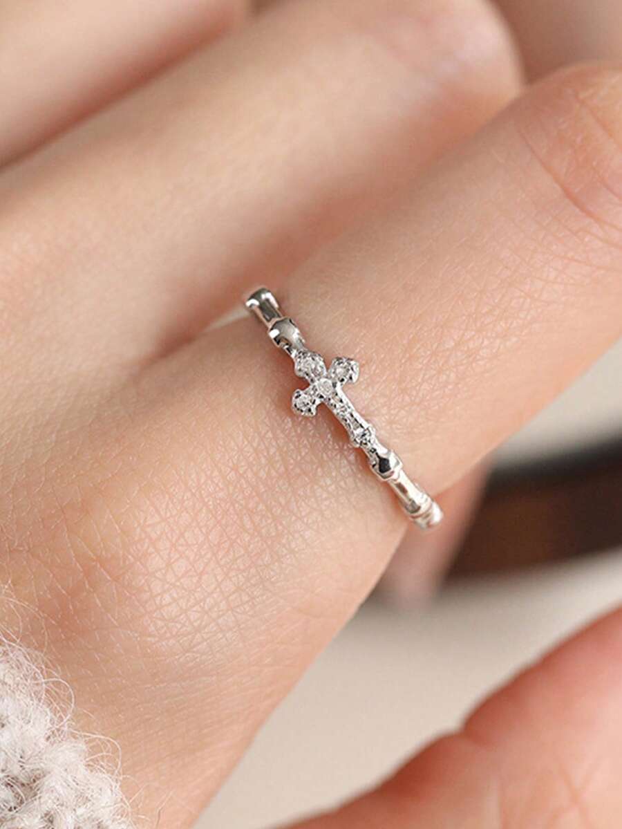 1pc Minimalist Style Luxury Niche Design Korean Unisex Micro-Inlaid Zirconia Cross Adjustable Open Ring - Silver - View 1