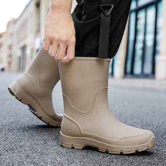 女士雨靴，条纹工装风PVC（聚氯乙烯）户外女士防水靴，灰色中筒防水鞋，格子图案女士雨靴，男士户外工作防水靴