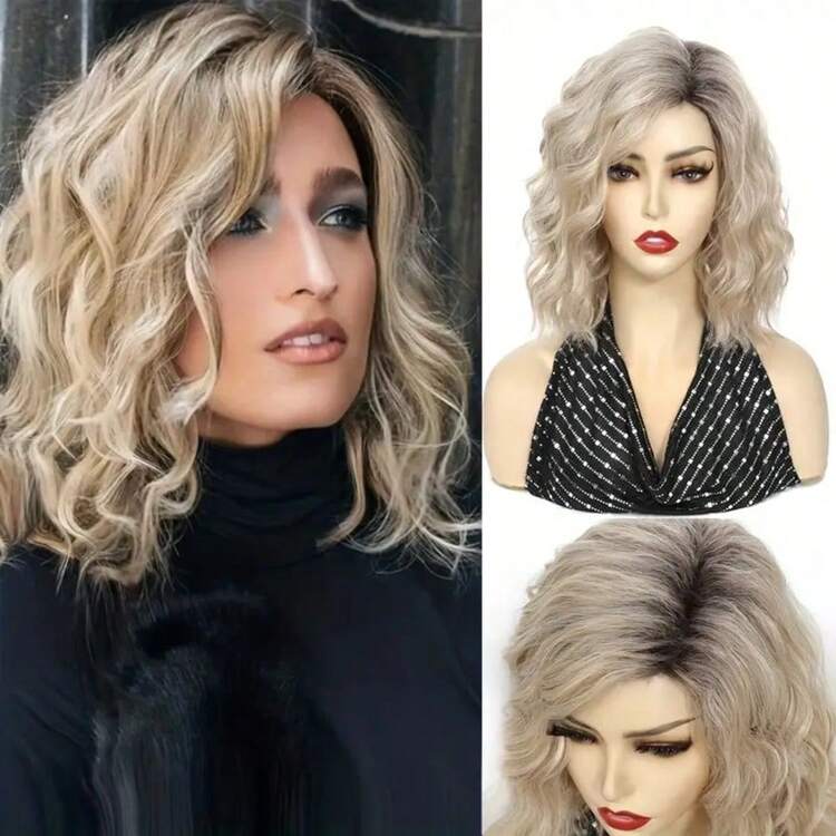 12 inch Ombre Bruin naar Blond Krullend Pruik met Zijscheiding, Kort Synthetisch Haarstuk voor Vrouwen - Natuurlijke Look voor Dagelijkse en Feestelijke Kleding - Ombre blond - Bekijken 4