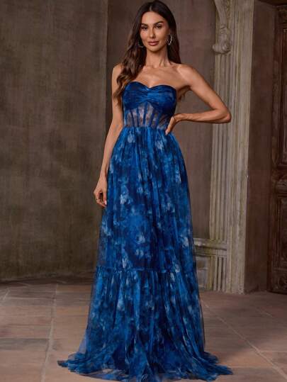 EVERLYL Vestido de tubo con estampado floral, plisado en el pecho, de malla elegante con cremallera y parches de malla, para fiesta de graduación, cita, fiesta de cumpleaños, aniversario, fiesta formal, boda, fiesta de regreso a casa, escenario y concierto, verano