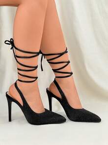 Rhinestone Lace-Up Pointed Toe Sexy High Heel Sandals For Women - Black - View 4