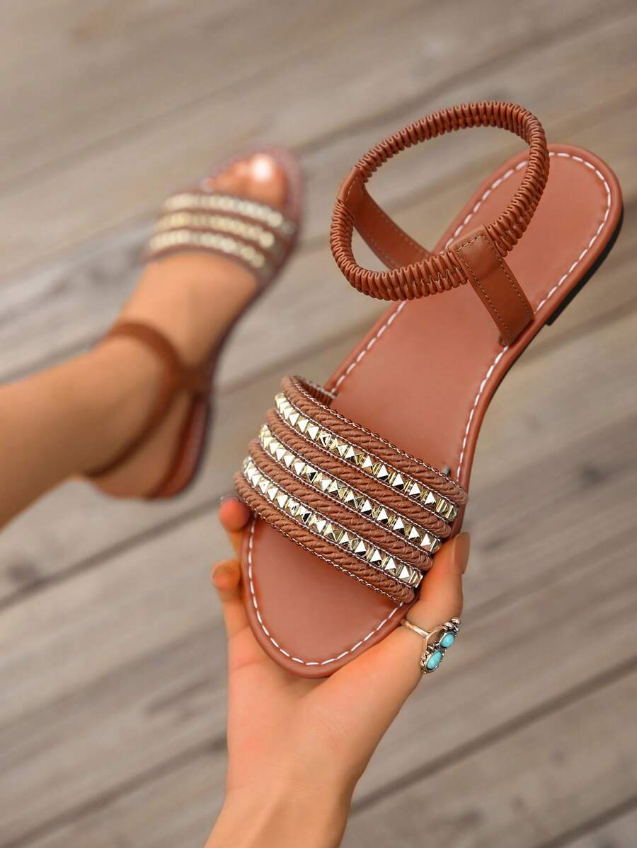 女士小众镂空编织网眼凉鞋，粗跟低跟圆头穆勒罗马闭头休闲沙滩鞋，适合户外穿着