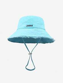 1 sztuka damskiego kapelusza typu bucket z futerkowym brzegiem i ściągaczem, regulowany pasek pod brodą, miękki materiałowy kapelusz przeciwsłoneczny, odpowiedni na wakacje na plaży i do codziennego użytku