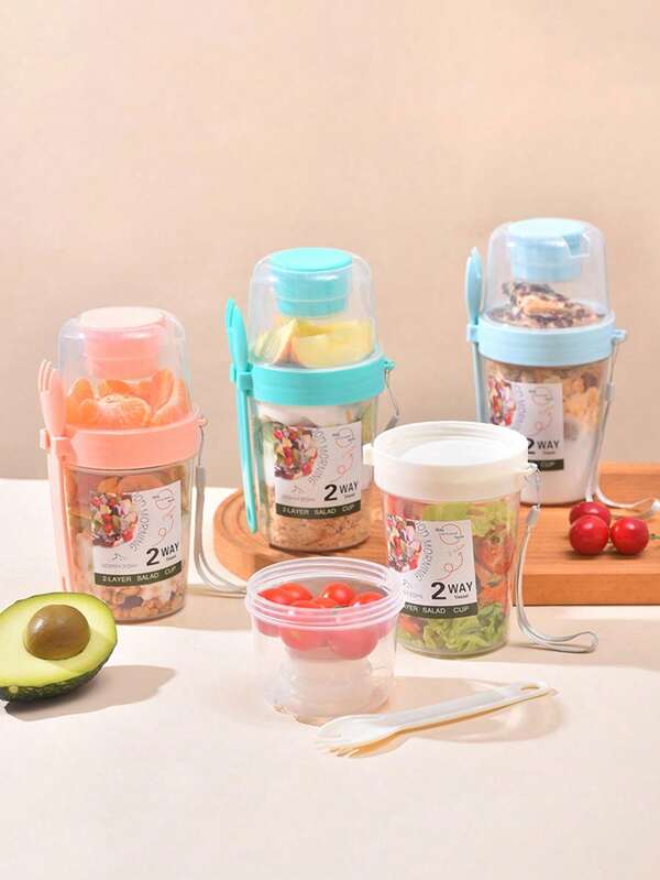 1pc Minimalist Salad Cup Plastic Portable Fruit & Vegetable Companion With Fork & Lid, Diet Smoothie Cup