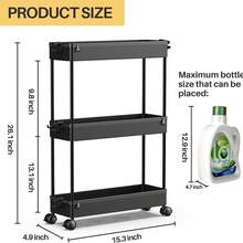 SPACEKEEPER Slim Rolling Storage Cart, 3 Tier Bathroom Storage Organizer Laundry Room Utility Cart Mobile Shelving Unit, Multi-Purpose For Kitchen Office Bathroom Laundry Narrow Places - 黑色 - 查看 2