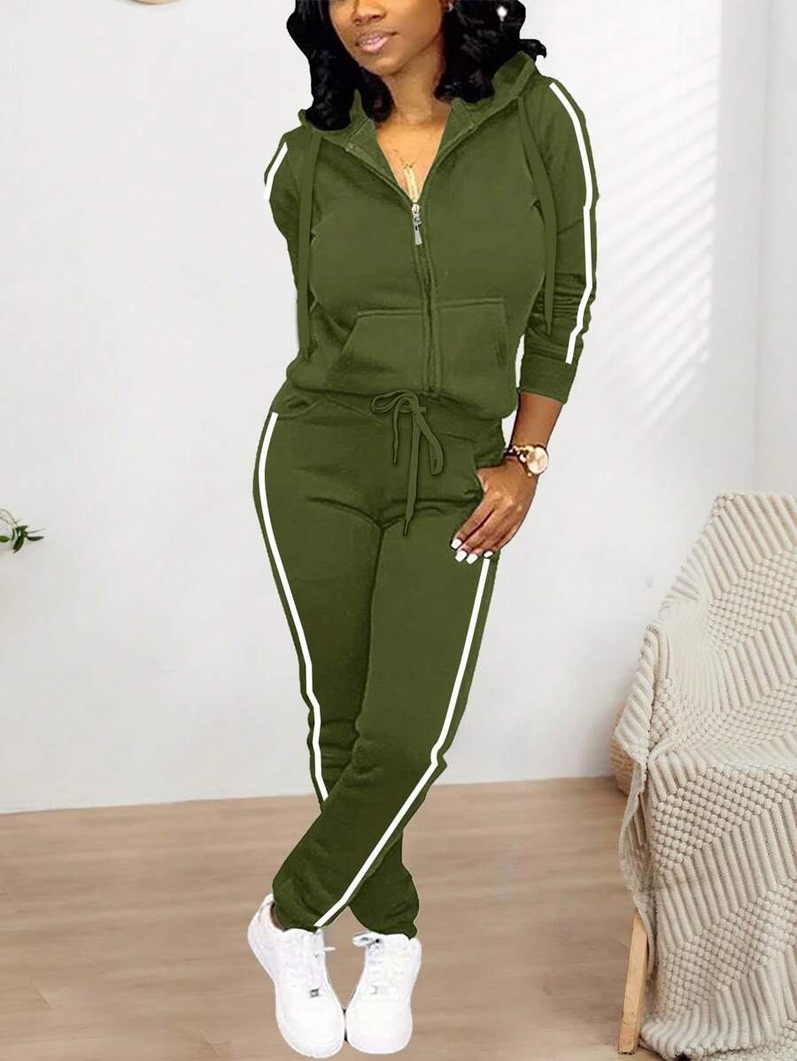 Women's Casual Sports Striped Splice Zipper Drawstring Hoodie And Pants Set - Army Green - View 1