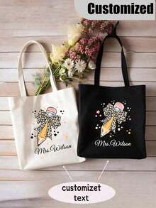 Personalized Teacher Tote Bag - Custom Name & Pencil Design, Reusable Polyester Grocery & School Bag For Women, Perfect Gift For Educators, Back To School, Teacher Appreciation - Multicolor - View 6