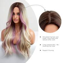 OMELPIS Long Ombre Blonde Wig With Bangs For Women Natural Layered Wavy Wigs Brown Roots Heat Resistant Synthetic Fiber High Density Curly Hair For Daily Party Holiday Dating Use 24'' - Pink - View 2