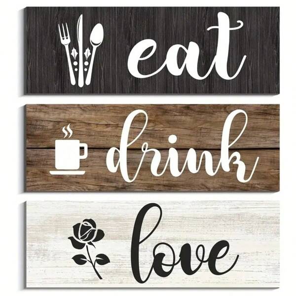 3pcs Eat Drink Love Sign Wall Art Decor, Suitable For Restaurant, Wooden Sign Boards, Farmhouse Wooden Hanging Wall Decor, For Kitchen Bar Cafe, 10*4 Inch/25*10 Cm