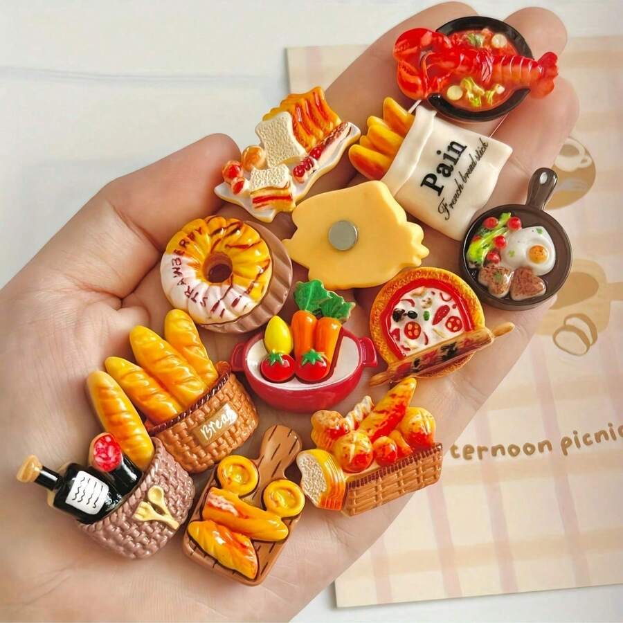 12 Pieces Of Delicious Food-Themed Fridge Magnets, Creative Decorative Magnetic Stickers For Kitchen, Home, Office And Whiteboard, Various Miniature Food Models Of Fake Bread, Pizza And Pastries For Fridge And DIY Handicrafts. - Multicolor - View 1