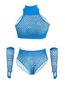 Sexy Lingerie Set With Fishing Net And Diamond Inlay, Hollowed Out Perspective Set For Parties And Dates, Shining Goddess With Sleeves And Exposed Belly Button To Show Perfect Figure