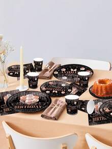 168pcs Rose Gold-Themed Birthday Party Tableware Set, Paper Plates Made Of 350g Thick Paper, Black Paired With Rose Gold Balloons, Making The Party More Exquisite, Can Serve 24 Guests At The Same Time - Nhiều màu - Xem 5