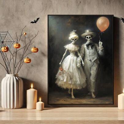 1PC Halloween Skull Couple Horror Retro Style Oil Painting Canvas Wall Arts Modern Posters Decorations, Couple Skulls Holding Balloons Printed Poster Pictures Room Decorations, Corridor, Living Room, Bedroom Wall Decorations, Halloween Decorations(No Frame) Home Decor Fall Decor