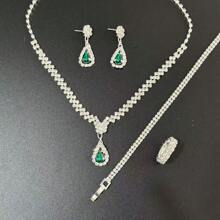 Conjunto de 3 peças de colar de cristal de metal prateado feminino, brincos, conjunto de joias de pulseira, acessório de casamento para noiva