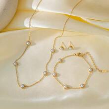 1 set Elegante collar de acero inoxidable con decoración de cuentas de plástico blanco y pendientes a juego de acero inoxidable, adecuado para uso diario o fiestas de mujeres, puede ser un regalo en días festivos