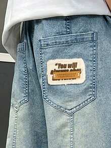 小男孩休閒字母刺繡直筒牛仔褲 - 藍色 - 查看 5