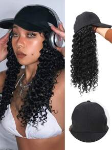 Parrucca da donna, lunghezza lunga e riccia, in un pezzo, con visiera tipo berretto da baseball regolabile, di colore nero o marrone, cappello parrucca estensione capelli