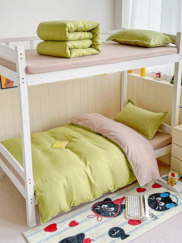 4pcs Minimalist Soft Brushed Dormitory Bedding Set (1pc Duvet Cover + 1pc Flat Sheet + 2pcs Pillowcases), Skin-Friendly Aloe Cotton Printed Bed Sheet Bedding Set