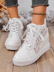 Women Hidden Heel Mesh High Top Sneakers, White Lace Up Round Toe Casual Sports Shoes, Spring/Autumn