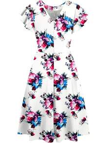 Women's Semi-Formal Ruffle Sleeve V-Back Work Fit And Flare Cocktail Knee Length Dress With Pockets, 2025 Style - 白色花卉 - 查看 4