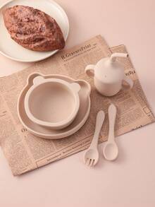 PopLittleOne 5PCS Silicone Baby Tableware Sets Solid Color Utensils Portable Sippy Cup Cartoon Bear Shape Plate Bowl Feeding Sets For Baby - Multicolor - View 4