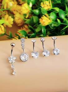 5pcs Stainless Steel Short Navel Rings Set, Women's Classic Belly Button Piercing Jewelry With Heart Shaped Flower & Shining Zirconia