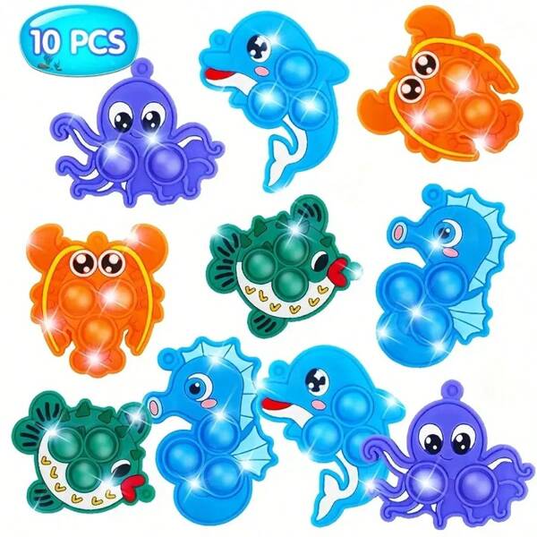 10 pièces Porte-clés jouets pop en silicone amusants avec motifs d'animaux marins - Lavables et réutilisables, imperméables, faciles à nettoyer - Couleurs assorties pour les cadeaux d'anniversaire et les accessoires de bureau